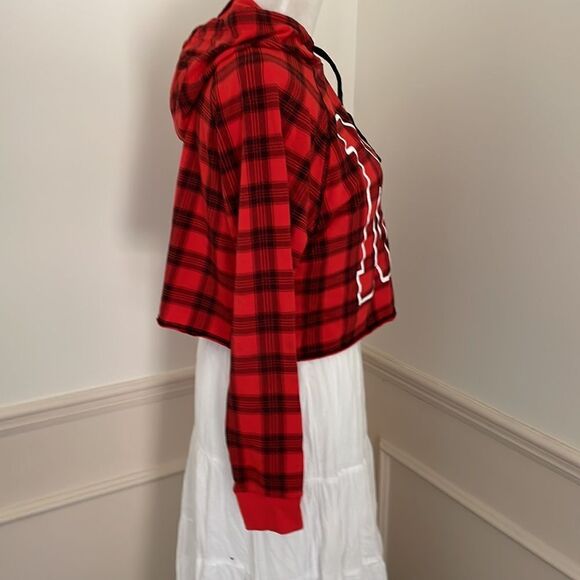 Red and black plaid, hooded cropped top, long sleeve stretchy women’s small - Picture 3 of 6